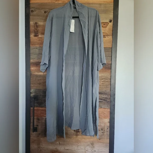 NWT Eileen Fisher Womens Open Front Silk Chiffon Duster XL Color Steel-$328 - Picture 2 of 6